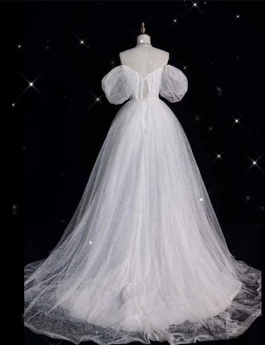 Unique Ball Gown Off The Shoulder Sequin Short Sleeves White Wedding Dresses Brides Dress