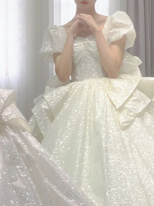 Unique Ball Gown Square Neckline Short Sleeves Sequin White Wedding Dresses Brides Dress