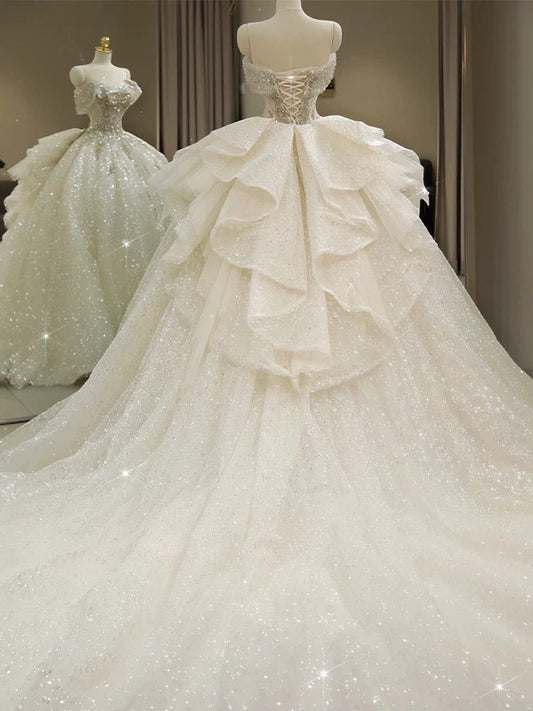 Unique Ball Gown Off The Shoulder Sequin Short Sleeves White Wedding Dresses Brides Dress