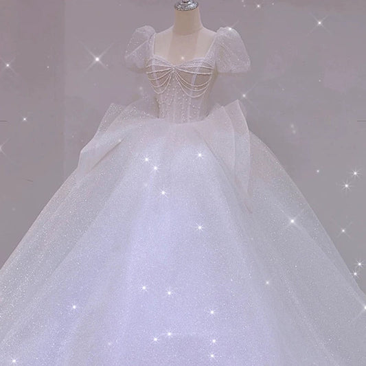 Unique Ball Gown Square Neckline Short Sleeves Sequin White Wedding Dresses Brides Dress