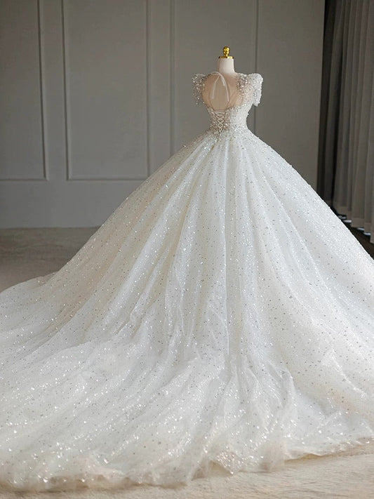 Pretty Ball Gown Square Neckline Short Sleeves Sequin White Wedding Dresses Brides Dress