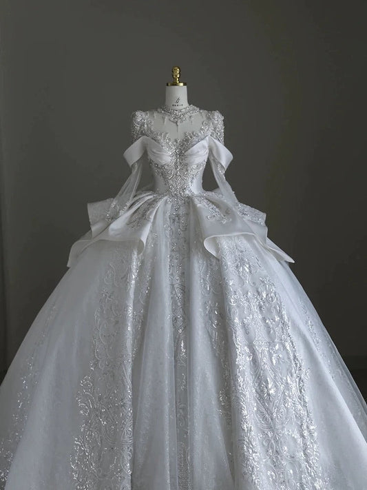 Pretty Ball Gown Scoop Neckline Long Sleeves Sequin White Wedding Dresses Brides Dress