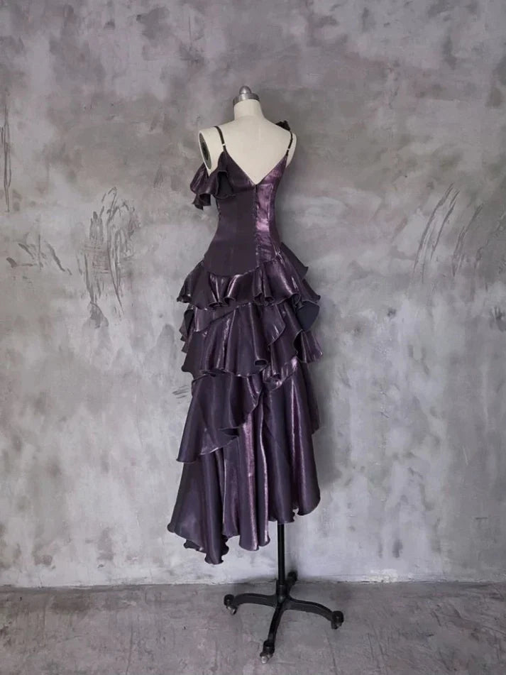 Retro Spaghetti Strap Irregular Ruffled Detachable Rose Design Elegant Satin Evening Dress Prom Dress TP4105