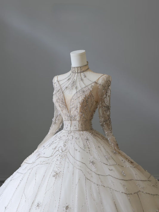 Timeless Ball Gown High Neckline Tulle Long Sleeves Wedding Dresses Bridal Dress