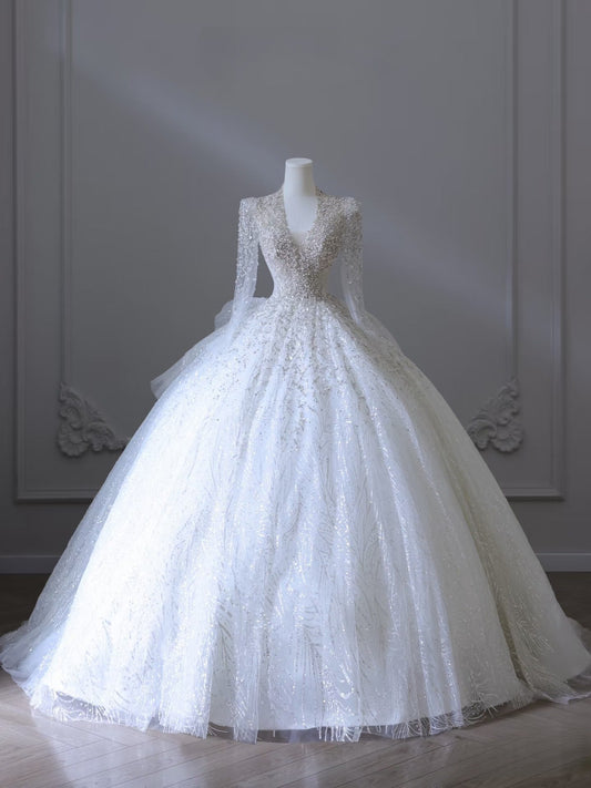 Timeless Ball Gown V Neckline Sequin Long Sleeves Wedding Dresses Bridal Dress