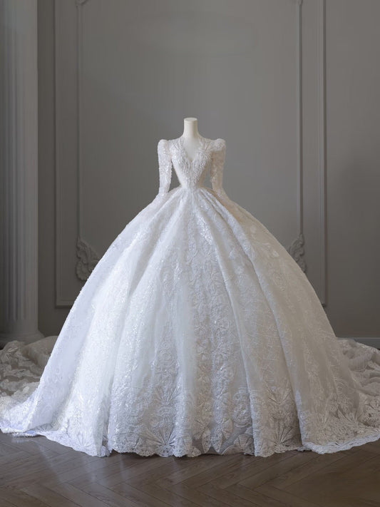 Timeless Ball Gown V Neckline Sequin Long Sleeves Wedding Dress Bridal Dresses