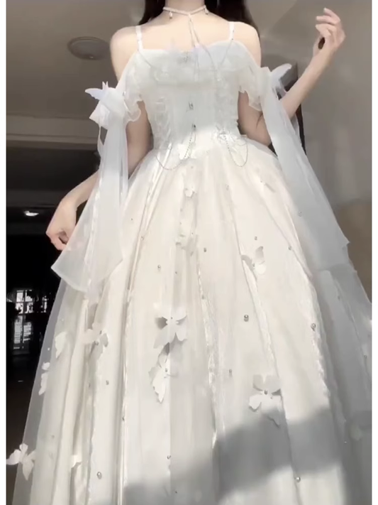 Retro Ball Gown Spaghetti Straps Ankle length White Prom Dresses Birthday Outfits With Lace