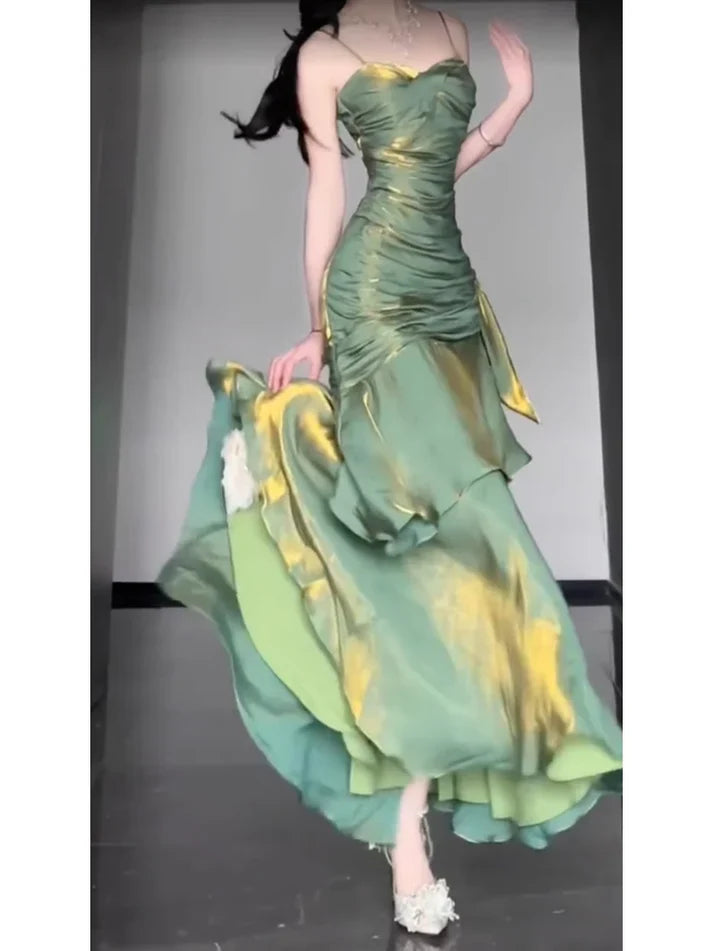 Vintage Green Spaghetti Strap Ruffle Design Elegant A-line Satin Evening Dress Prom Dress TP4114