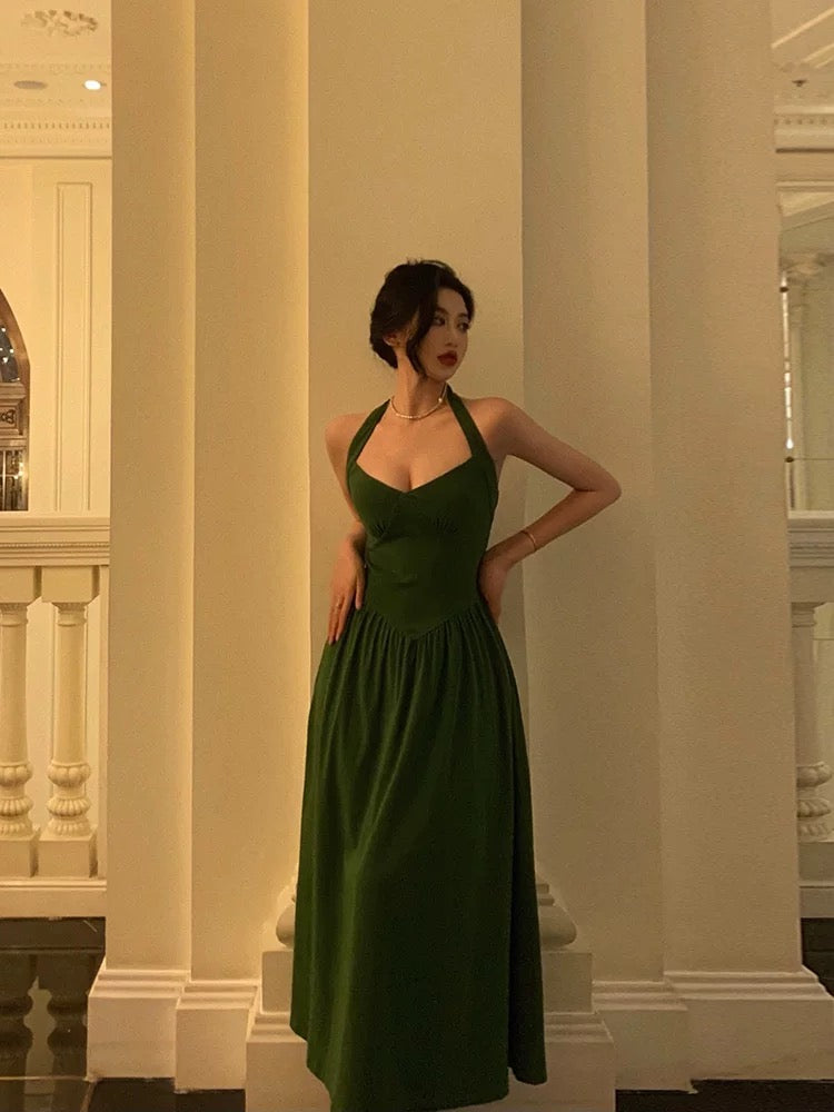 Classy A Line Halter Dark Green Prom Dresses Birthday Outfits Evening Gown