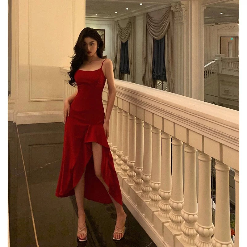 Simple High Low Spaghetti Straps Red Prom Dresses Birthday Outfits Evening Gown