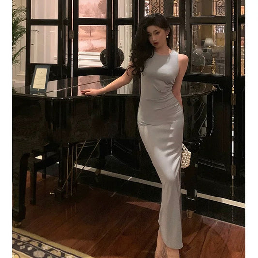 Elegant Sheath Scoop Neckline Dusty Blue Slit Prom Dresses Birthday Outfits Evening Gown