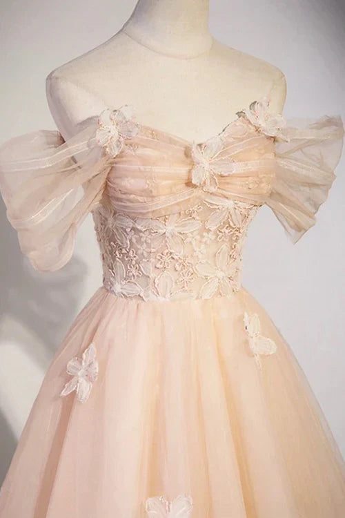 omberprom Cute Flowers Evening Dress Tulle Long Formal Dresses, Off Shoulder Evening Dresses