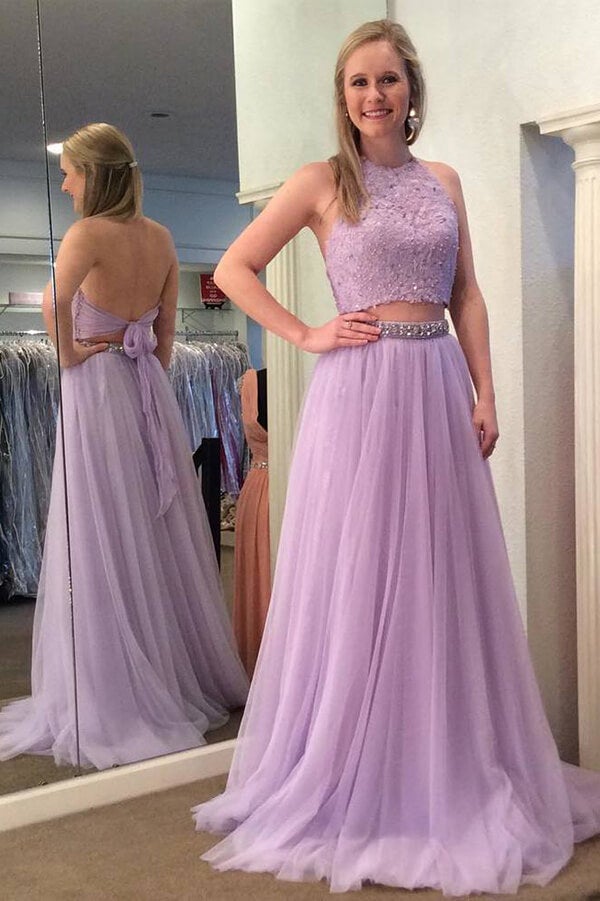 Lilac Halter Two Pieces Beaded Prom Dresses, Evening Dress With Appliques