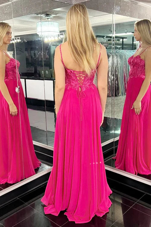 omberprom Fashion Magenta Appliques Sweetheart A-Line Long Prom Dress with Slit