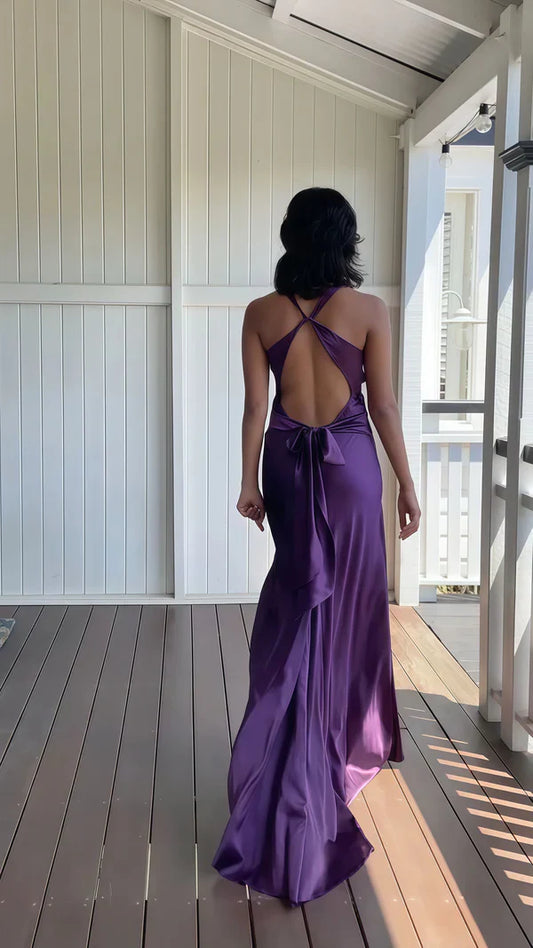 Vintage Satin V-neck Prom Dress Long Evening Dress Sheath Backless Formal Dress TP4590