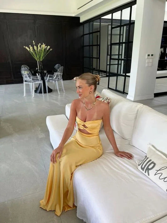 Sexy Yellow Mermaid Sleeveless Long Prom Dress, AST898