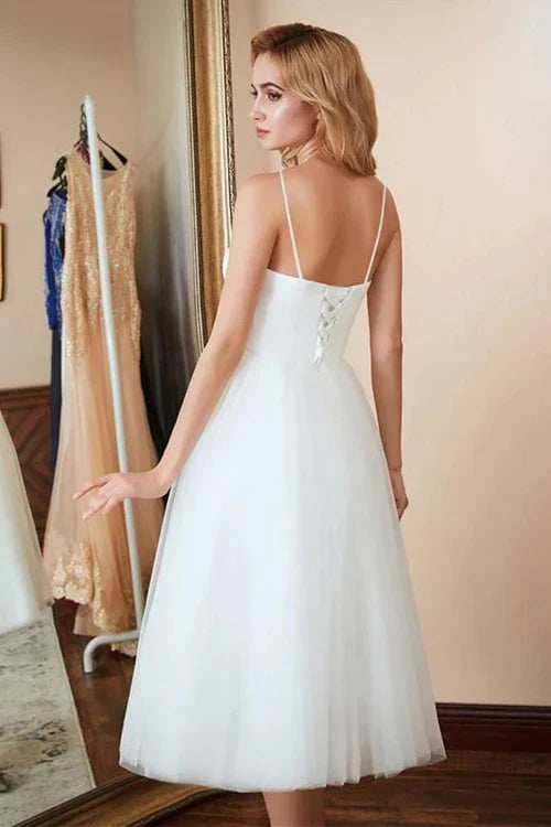 omberprom Elegant A-Line Spaghetti Straps Satin Tulle Tea-Length Wedding Dresses