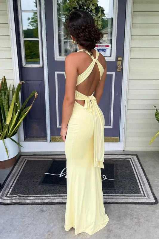 Simple Mermaid V Neck Yellow Long Prom Dress with Open Back