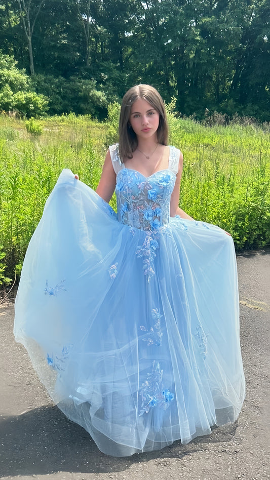 Sky Blue 3D Flowers Long Evening Prom Dress, A-Line Tulle Formal Gown, AST1480