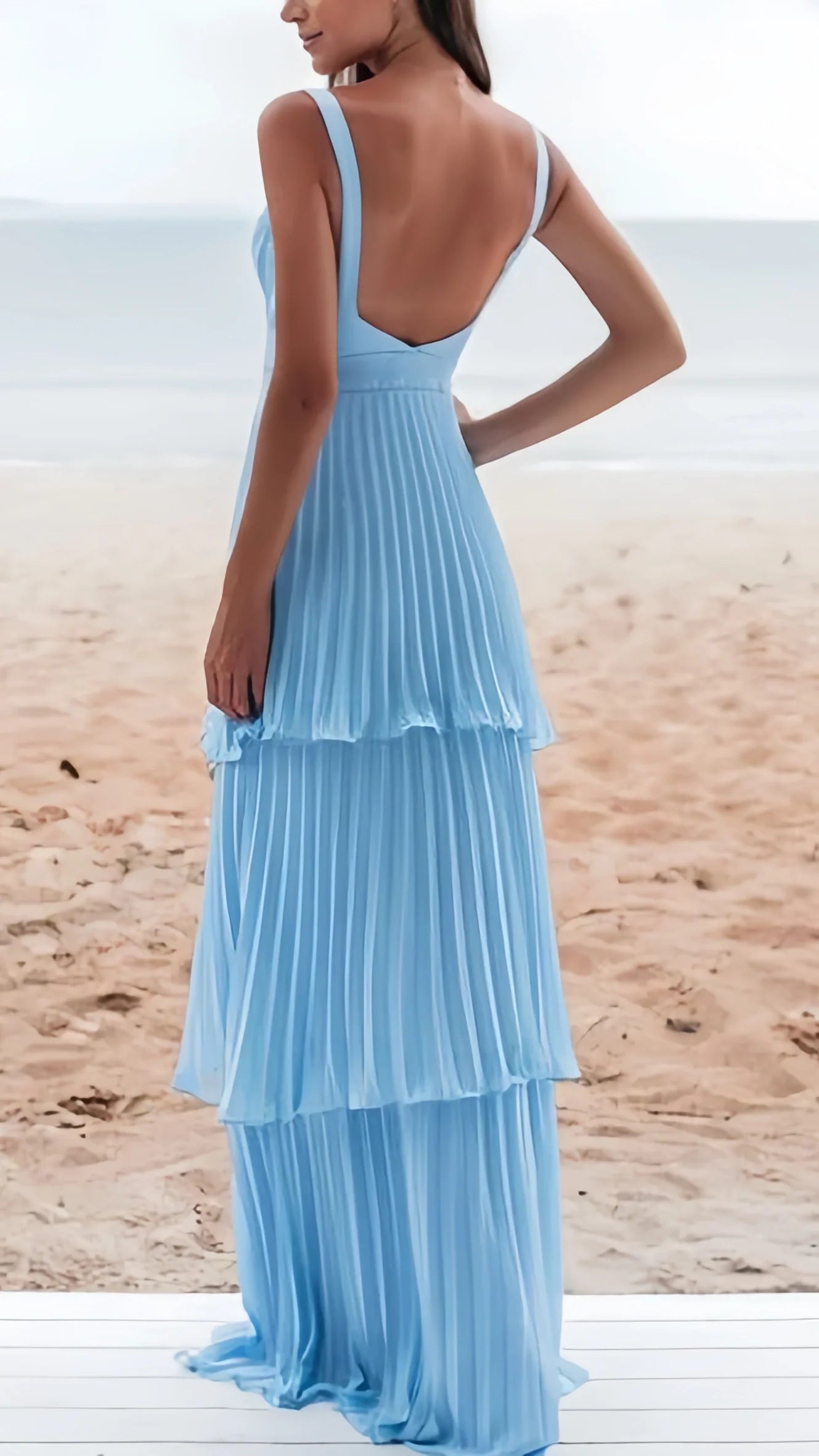 Sky Blue Pleated Long Prom Dresses V-neck Evening Dress,AST2076