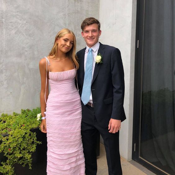 Spaghetti Straps Light Pink Sheath Long Chiffon Prom Dress With Pleated, AST896