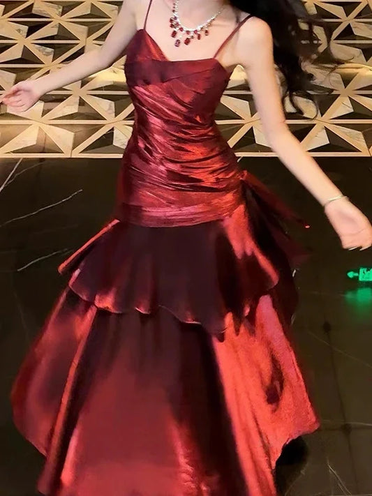 Spaghetti Straps Burgundy Long Prom Dresses Ruffles Maxi Prom Dress, Formal Dress,AST2103