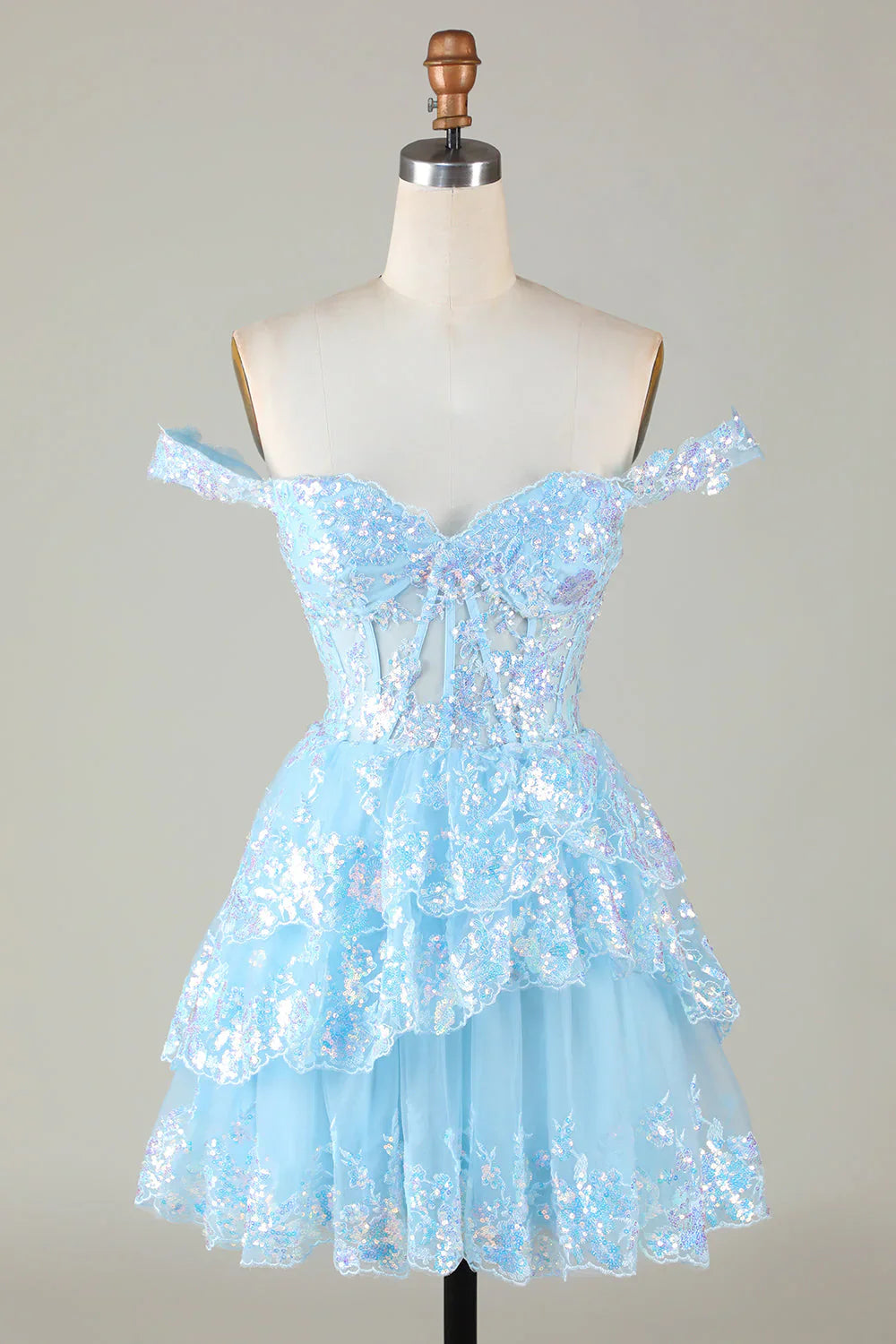 omberprom Fashion Silver Homecoming Dress A-Line Sparkly Corset Tiered Lace
