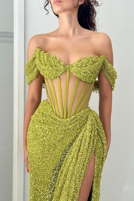 Sparkly Green Off Shoulder Corset Sequin Prom Dress with High Slit