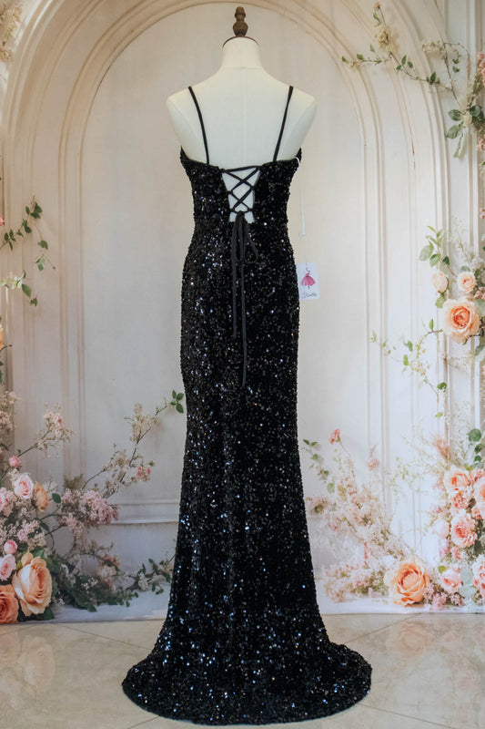Sparkly Mermaid Spaghetti Straps Black Sequins Long Prom Dress with Criss Cross Back