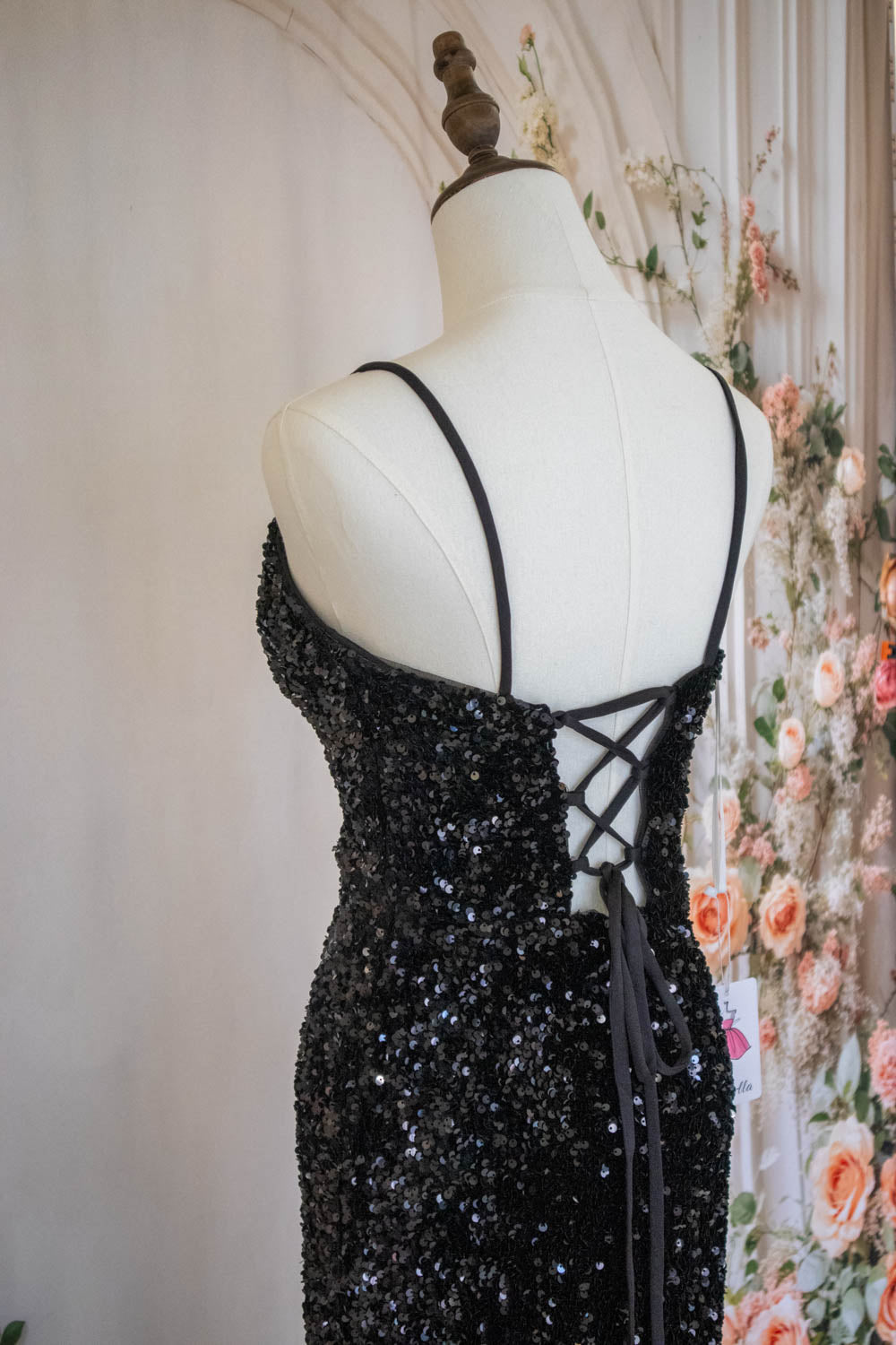 Sparkly Mermaid Spaghetti Straps Black Sequins Long Prom Dress with Criss Cross Back