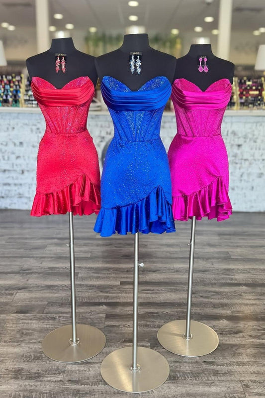 Sparkly Satin Corset Homecoming Dress with Ruffled Hem and Beading