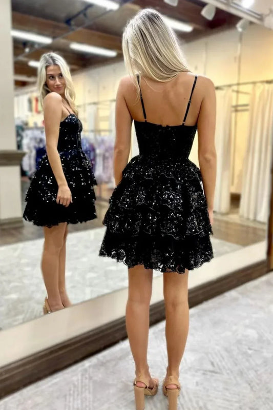 omberprom Sparkly Stunning Short A-Line Homecoming Dress Spaghetti Straps Graduation Dress With Appliques
