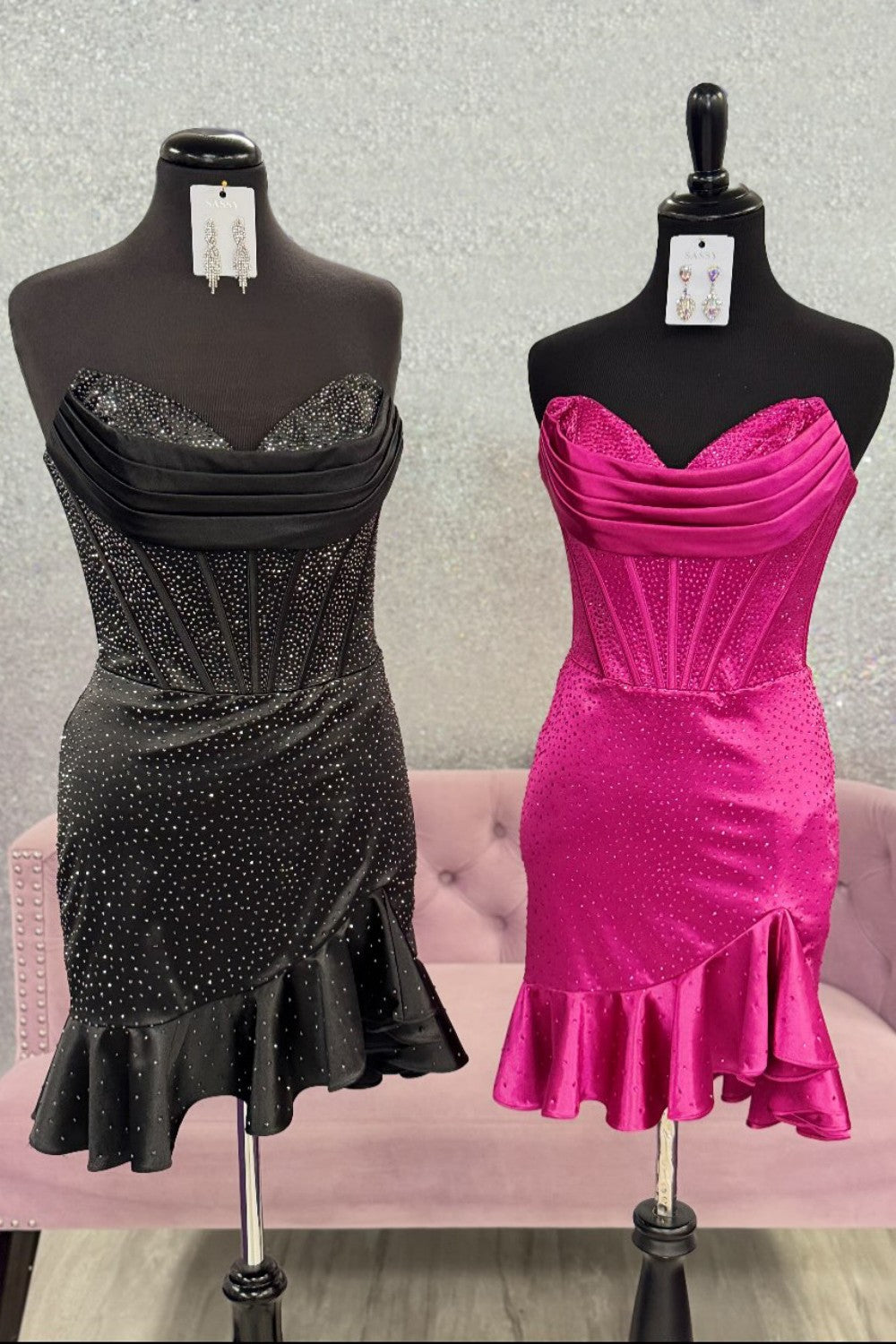 Sparkly Satin Corset Homecoming Dress with Ruffled Hem and Beading