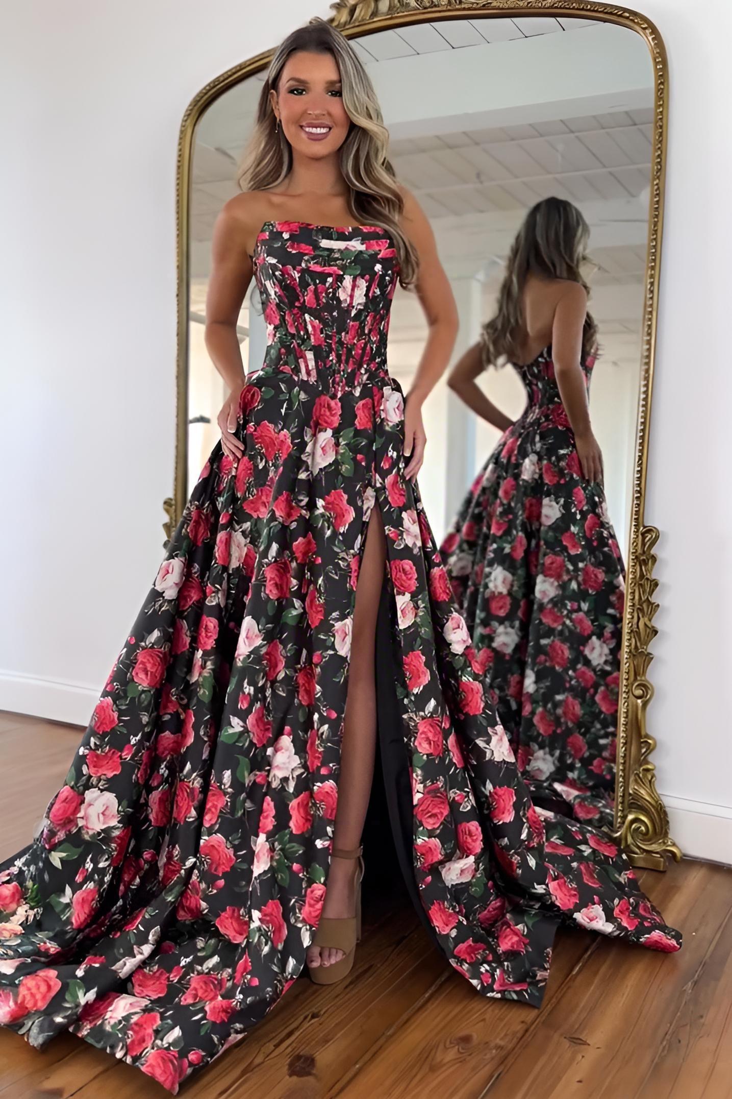 Strapless Black Floral A-Line Prom Dress with Corset Bodice & High Slit