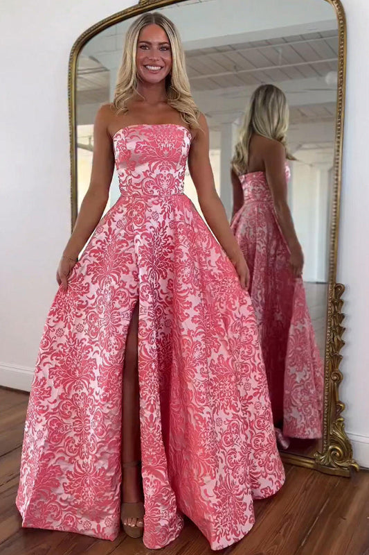 Strapless Floral Prom Dress with Front Slit Elegant A-Line Evening Gown
