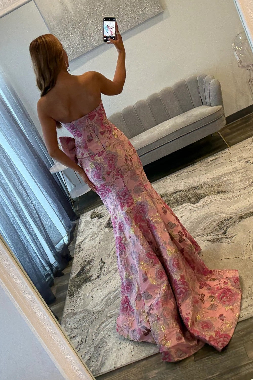 Romantic Floral Strapless Mermaid Prom Dress with Bow Detail and High Slit