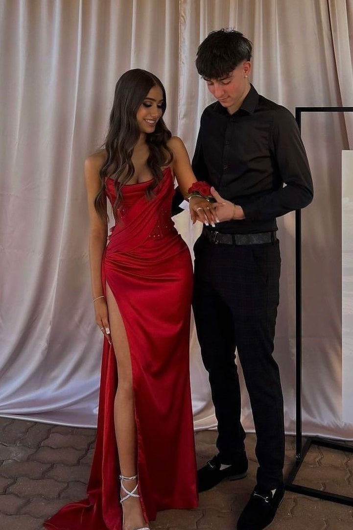 Stylish Mermaid Strapless Red Long Prom Dress with Beading Split Front