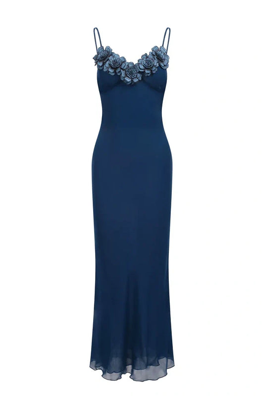 Stylish Sheath Spaghetti Straps Navy Blue Long Party Dress with Flowers