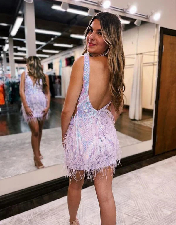 Stylish V-neck Bodycon Sequined Design A-line Mini Homecoming Dress TP3600