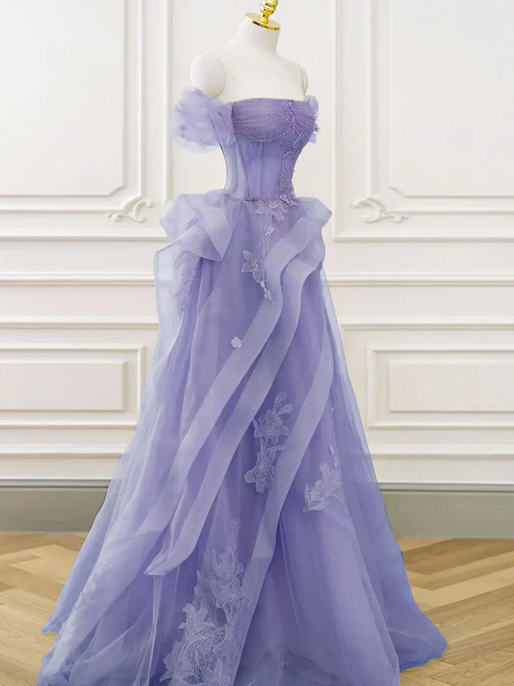 Purple A-line Tulle Off Shoulder Long Prom Dress, Purple Lace Evening Dress TP1133