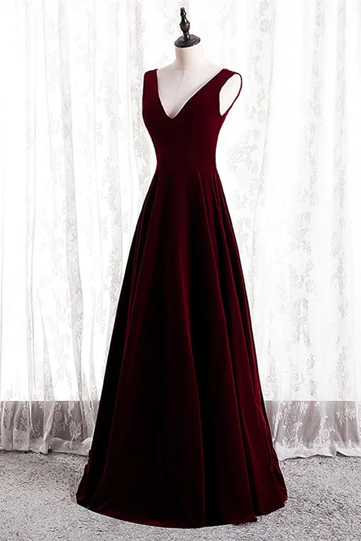 Burgundy Velvet V-neckline Simple Long Party Dress, Burgundy Bridesmaid Dress TP1165