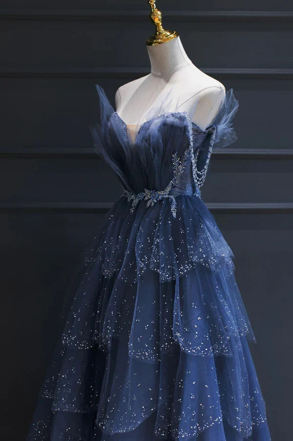 Blue Tulle Beaded Long Senior Prom Dress, A-Line Layers Beaded Long Evening Party Dress TP1166