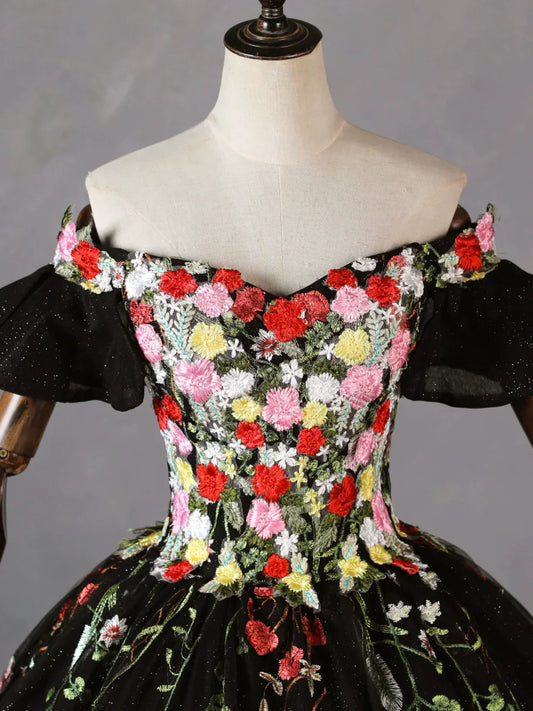 Black Tulle Ball Gown Sweetheart Formal Dress, Black Floral Sweet 16 Dress Evening Dress TP1179