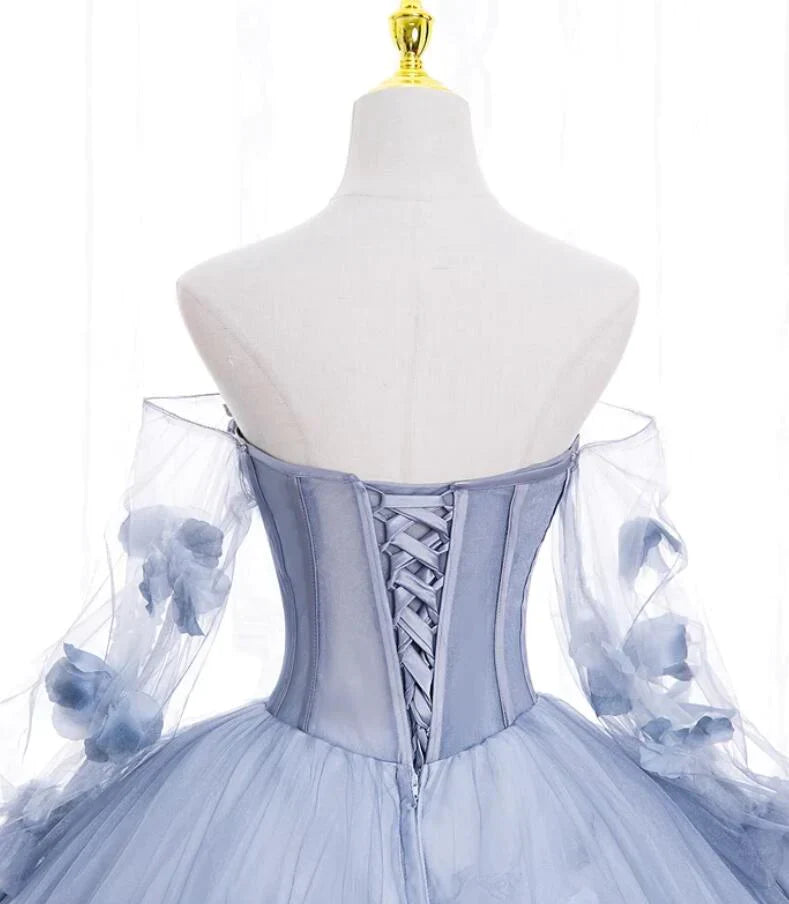 Light Blue Tulle Puffy Sleeves with Flowers Sweet 16 Dress, Light Blue Formal Dress TP1191