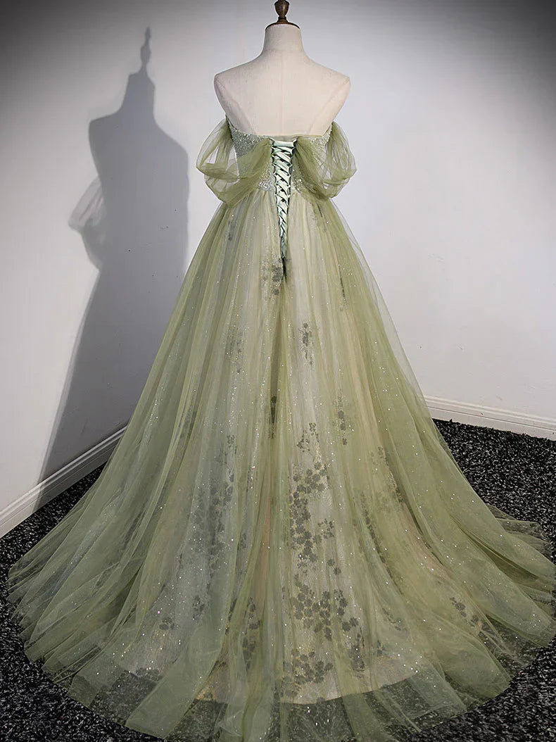 Light Green Sweetheart Beaded Tulle Party Dress, A-line Green Long Prom Dress TP1230