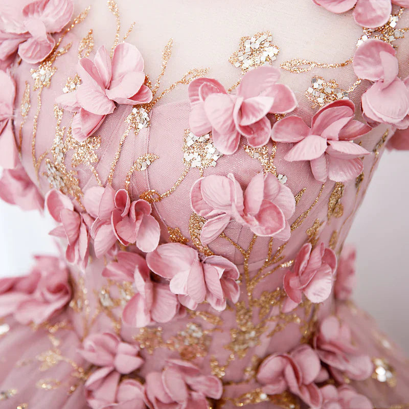 Pink Tulle Long Party Dress With Flowers, Pink Tulle Sweet 16 Dress Formal Dress TP1236
