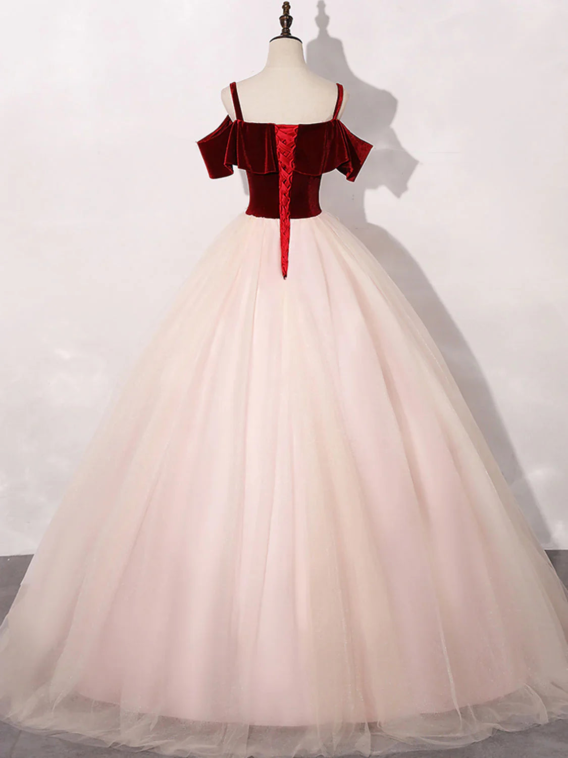 Pink and Wine Red Velvet and Tulle Party Dress, Ball Gown Formal Dress with Lace Applique TP1269