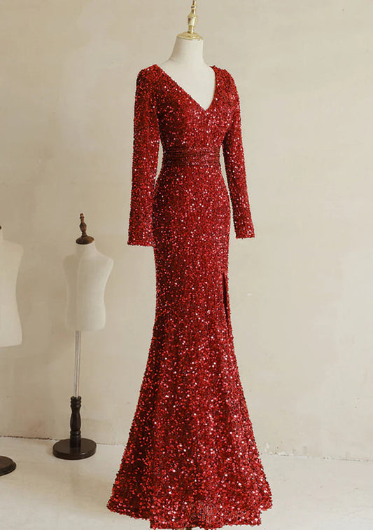 Wine Red Sequins Mermaid Long Sleeves Party Dress, Wine Red Long Prom Dress TP1281