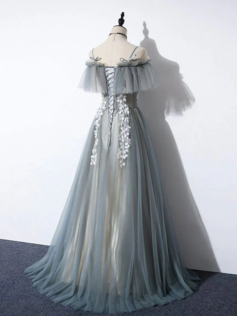 Grey Tulle with White Lace A-line Off Shoulder Party Dress, A-line Grey Evening Dress TP1299