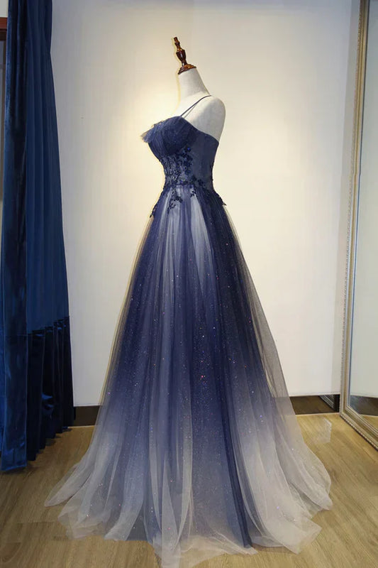 Blue Gradient A-line Tulle Long Formal Dress, Floor Length Prom Dress TP1309